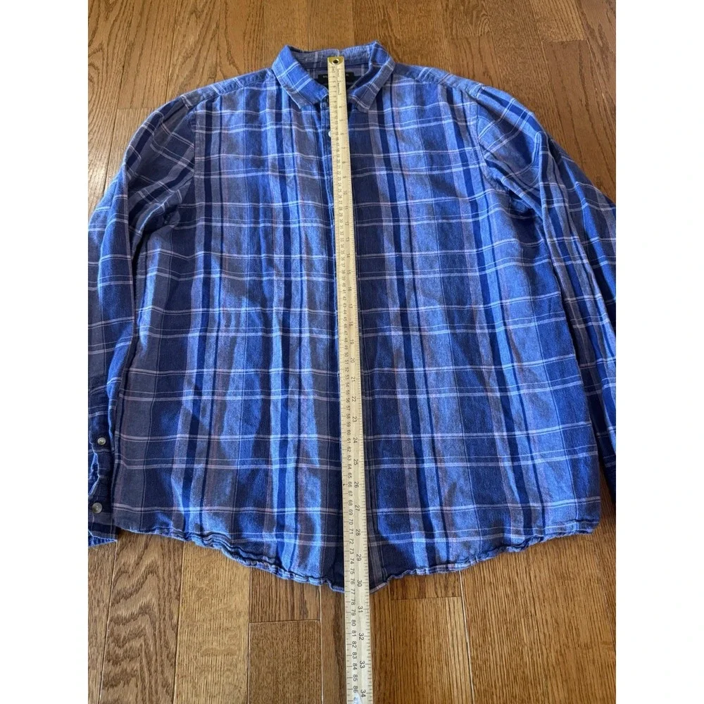 Banana Republic Linen Blend Shirt Men Large Tall Slim Fit Blue Plaid Long Sleeve
